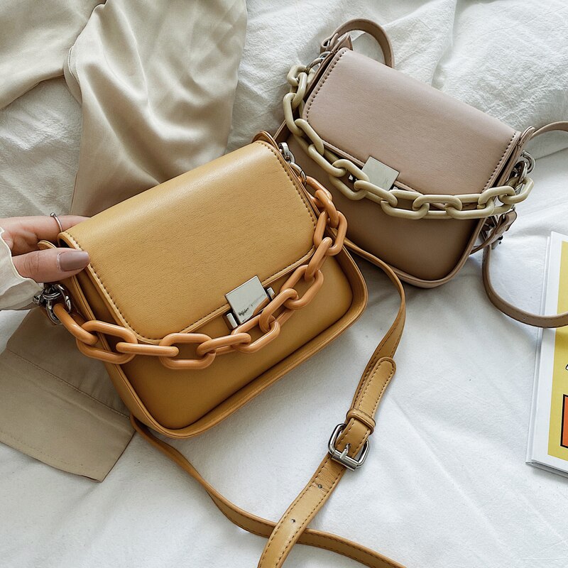 Ensfarget firkantet crossbody veske pu lær dameveske kjede tote skulder messenger bag