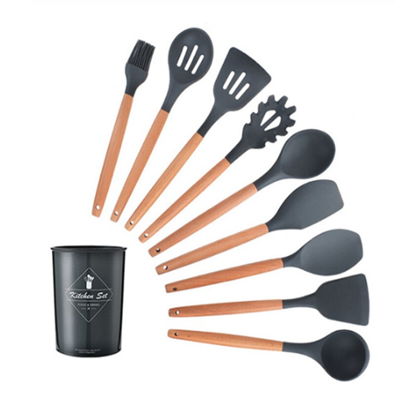 Ensemble d'ustensiles de cuisine en Silicone 11 pièces, poignée en bois massif rose avec boîte de rangement, accessoires d'outils de cuisine Kit de cuisine: Black 9pcs D