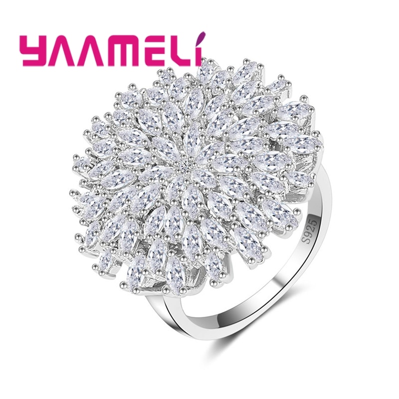 Luksuriøs stor blomst klar cubic zirconia 925 sterling sølv ring til kvinder fest bryllup smykker