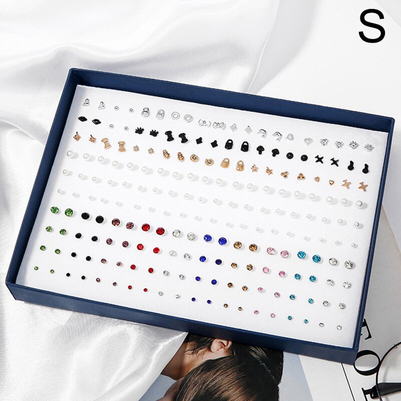100 Pairs Boxed Leuke Oorbellen Gemengde Stijlen Kristal Kleine Stud Oorbellen Sets Meisje Geometrische Plastic Oorbellen Voor Vrouwen Sieraden: S