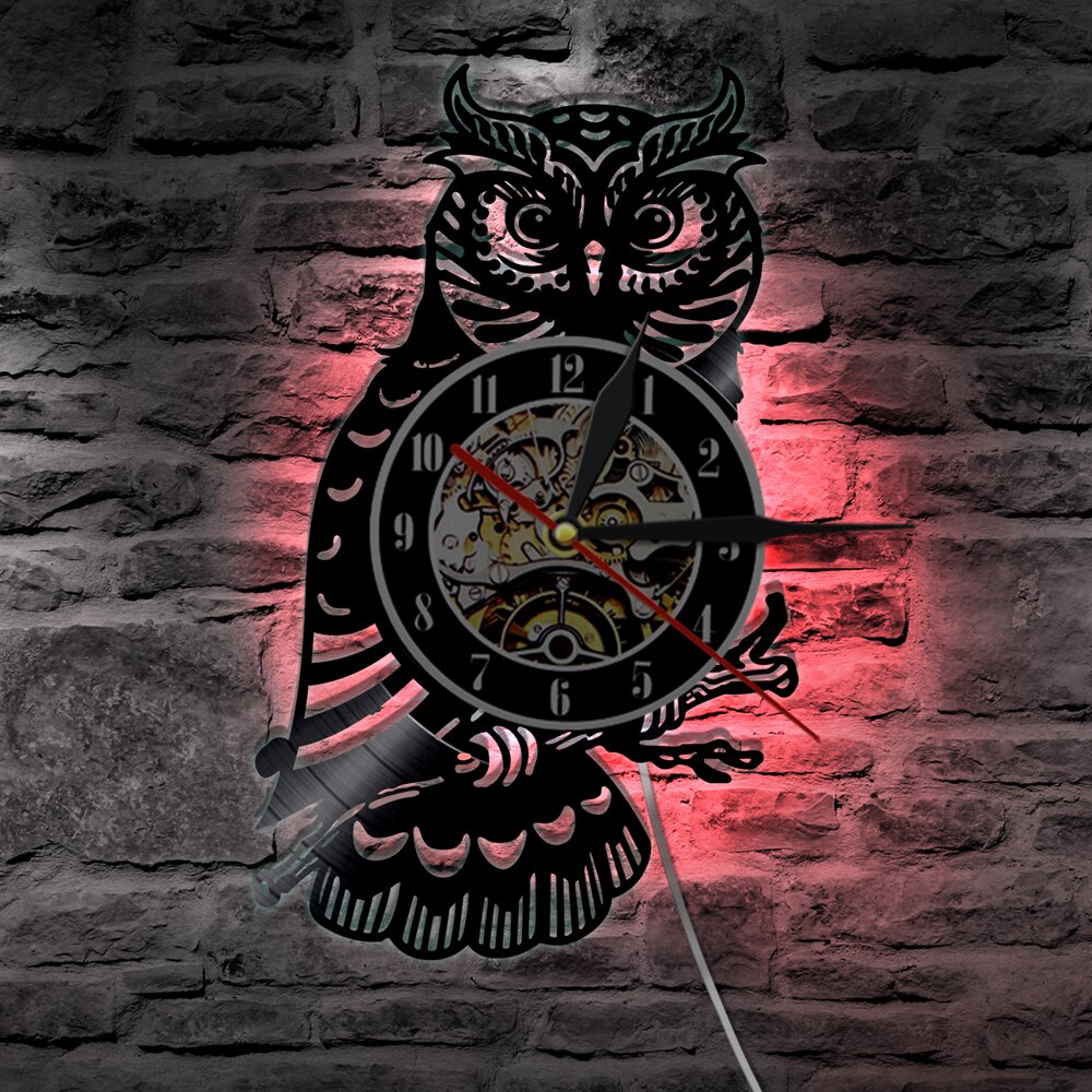 Chouette Horloge Murale Hibou Disque Vinyle Horloge Murale avec LED Lumière salon Décoration de La Maison reloj de épurée relojes