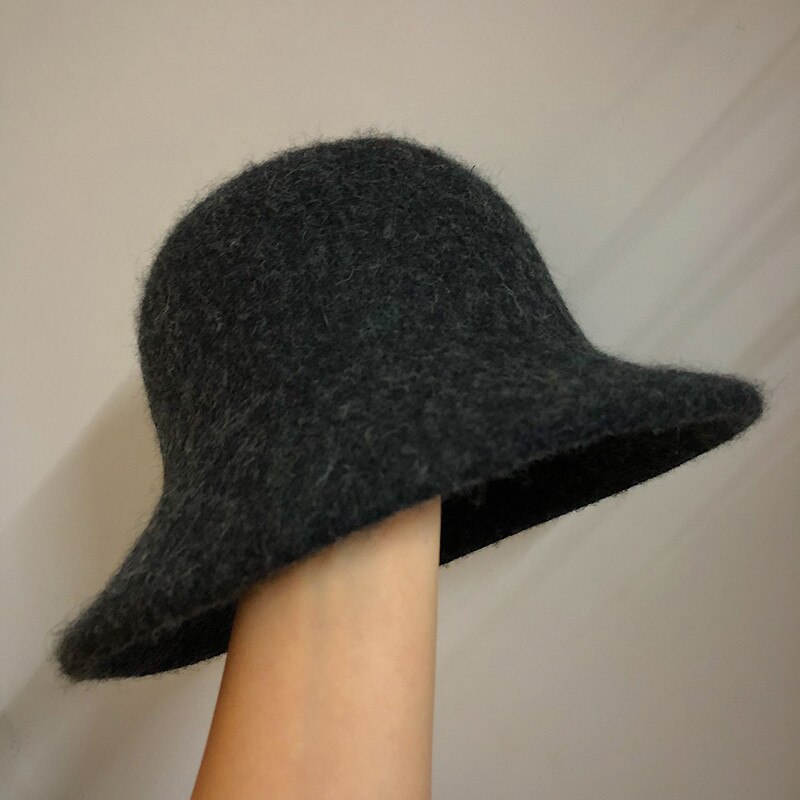 Efterår vinter uld spand hat kvinder vintage fisker hatte alsidig kasket forår filt hat 6 farver foldbar: Mørkegrå