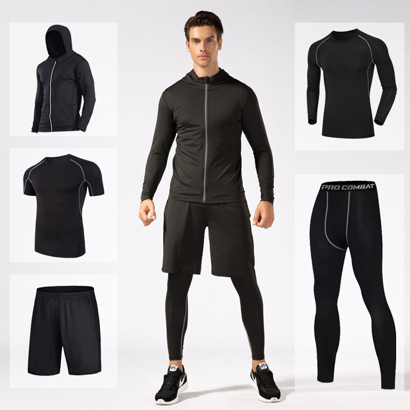 Fitness clothes sweat absorbing fast drying outdoor running sports suit autumn and winter long sleeve five piece set for men
