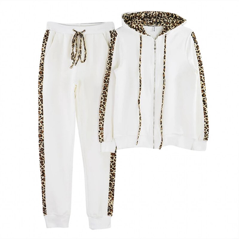 Autumn Winter Tracksuit Women Splice Leopard Print Coat And Pants Two Pieces Set Women Hoodies Long Pants Suit