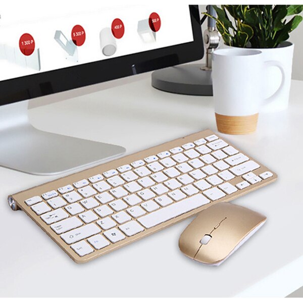2.4Ghz Ultra-Thin Wireless Keyboard and Mouse Combo with USB Receiver Mouse Keyboard Set for Apple PC(Gold)