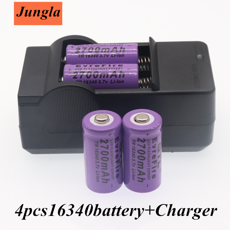 100% original 16340 Battery CR123A 16340 Battery 2700mAh 3.7V Li-ion Rechargeable Battery+16340Charger: white