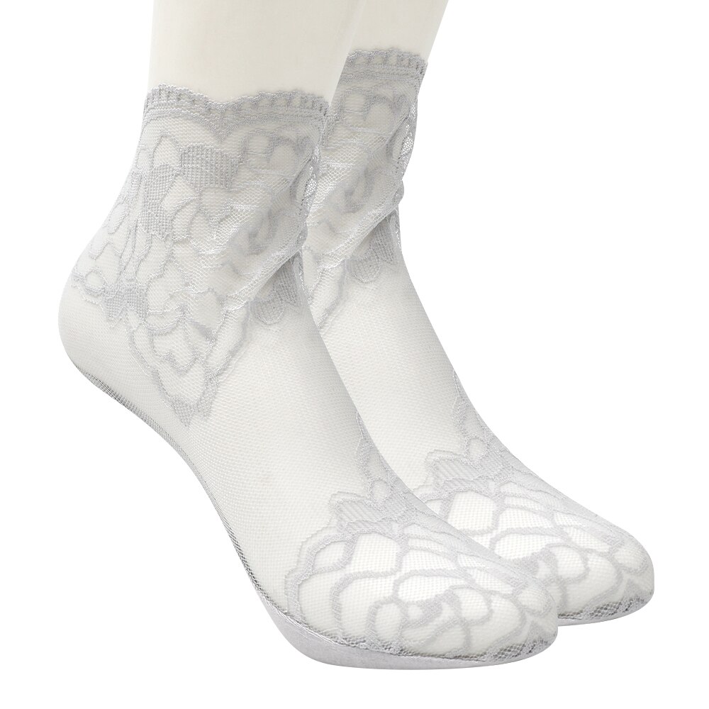 Calcetines tobilleros invisibles antideslizantes para mujer y niña, medias de malla de encaje con flores, elásticas, ultrafinas, 5 pares: 1Pairs Grey