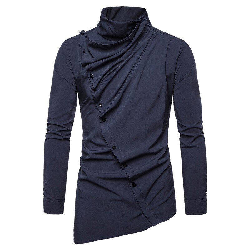 Lente Herfst Mannen Met Lange Mouwen Shirts High Street Tij Hoge Hals Shirt Solid Casual Hip Hop Streetwear Knop shirt Mannen: navy blue / L