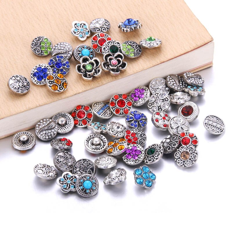 10pcs/lot Mix Style Rhinestone 12mm 18mm Resin metal Snap Buttons Jewelry Fit Charm Bracelets &amp; Bangles For women man