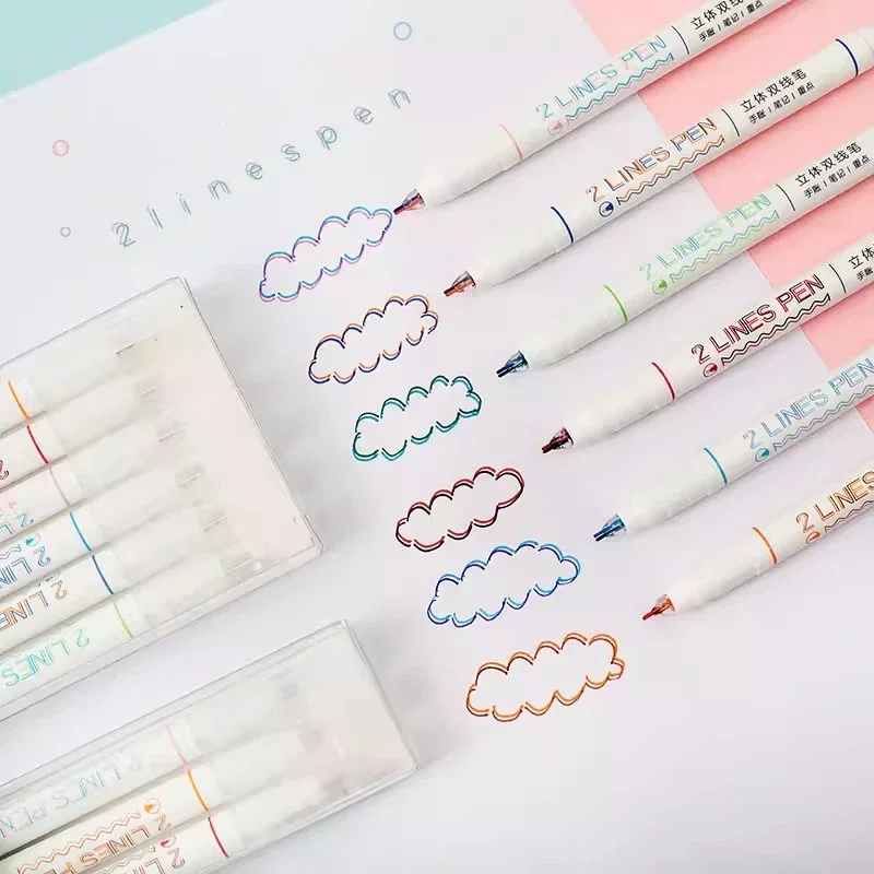 6pcs 2 Lines Colored Marker Pens 0.5mm Gel Pens Pigment Liner Highlighter DIY Drawing Painting Graffiti Pen Kawaii Stationery