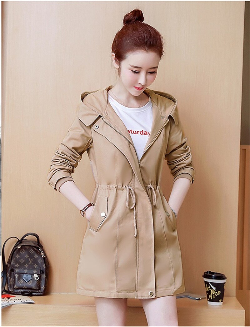Plus size windbreaker frakke kvinder forår efterår mellemlange trenchcoats kvinder afslappet hætte cardigan overfrakker tøj 4xl y339: Khaki / 4xl