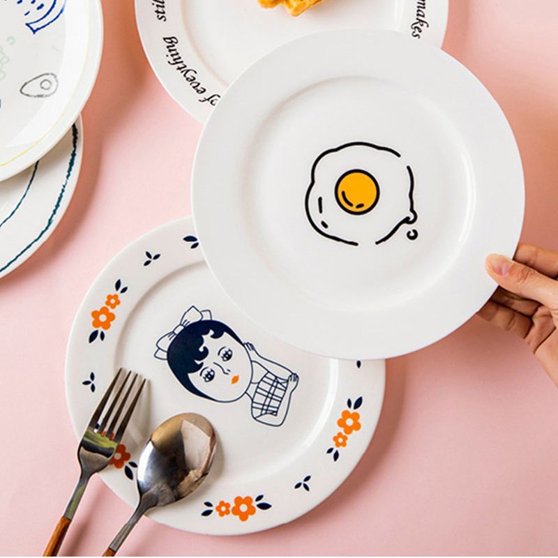 Simple Hand Drawn Cartoon Dinner Plate Ceramic Dinner Plate Household Plate Poached Egg Meal Plate Bone Ceramic Plate