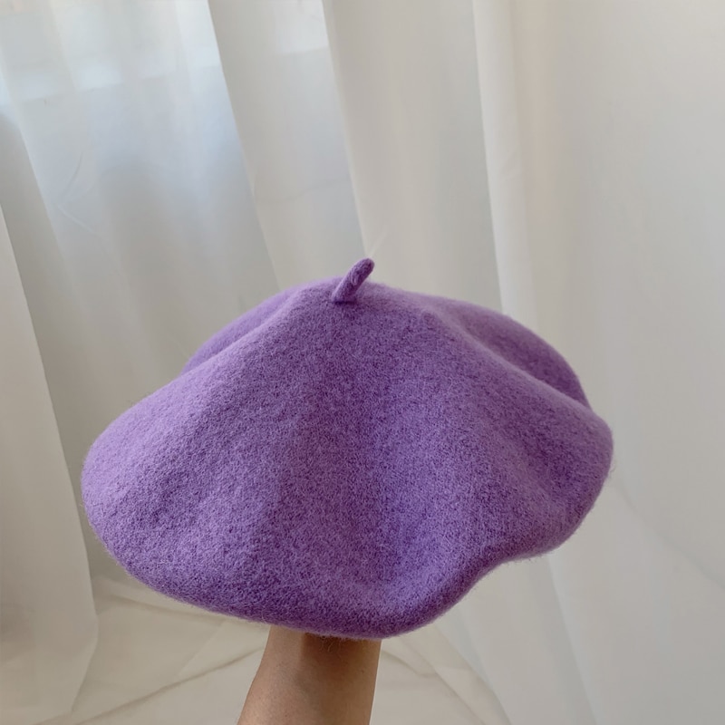 Luna & Dolphin-boina de lana para mujer, boina morada de seta de 90% de lana para otoño, gorro de artista púrpura de uva, gorro de pintor, gorro de invierno