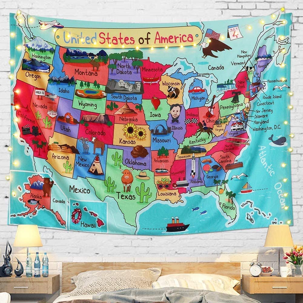 Kids Kaart Van De Verenigde Staten Wandtapijten Cartoon Leuke Feiten Geografie Usa Polyester Stof Deken Decor Kamer Esthetische