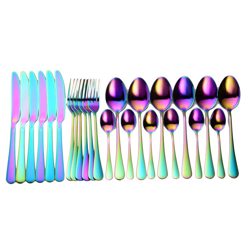 24Pcs Roestvrij Stalen Bestek Set Rose Gold Rainbow Zwart Bestek Set Keuken Mes Vork Lepel Servies Set Servies Set: Rainbow 24pcs