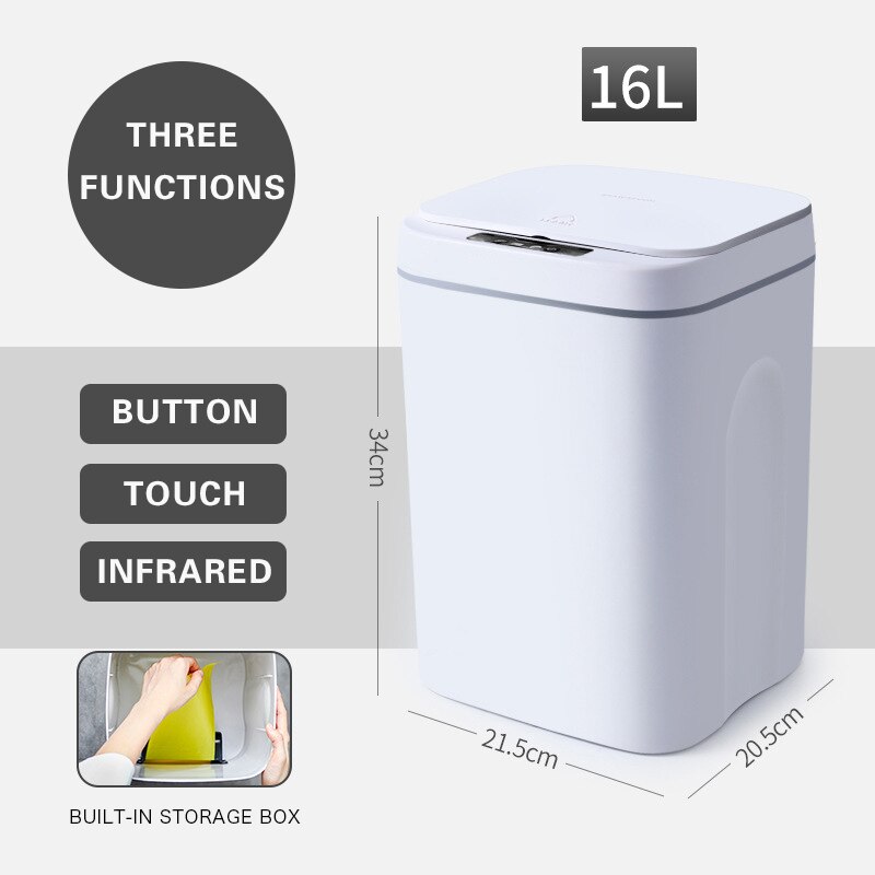 Home Intelligent Trash Can Automatic Touchless Induction Motion Sensor Kitchen Waste Bins Eco-friendly Waste Garbage Bin: White 3 Mode 16L