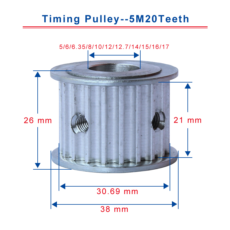 5M20 tanden tandriemschijf boring diameter 5/6/6.35/8/10/12/12.7/ 14/15/16/17mm tanden pitch 5 mm voor 20 mm breedte distributieriem