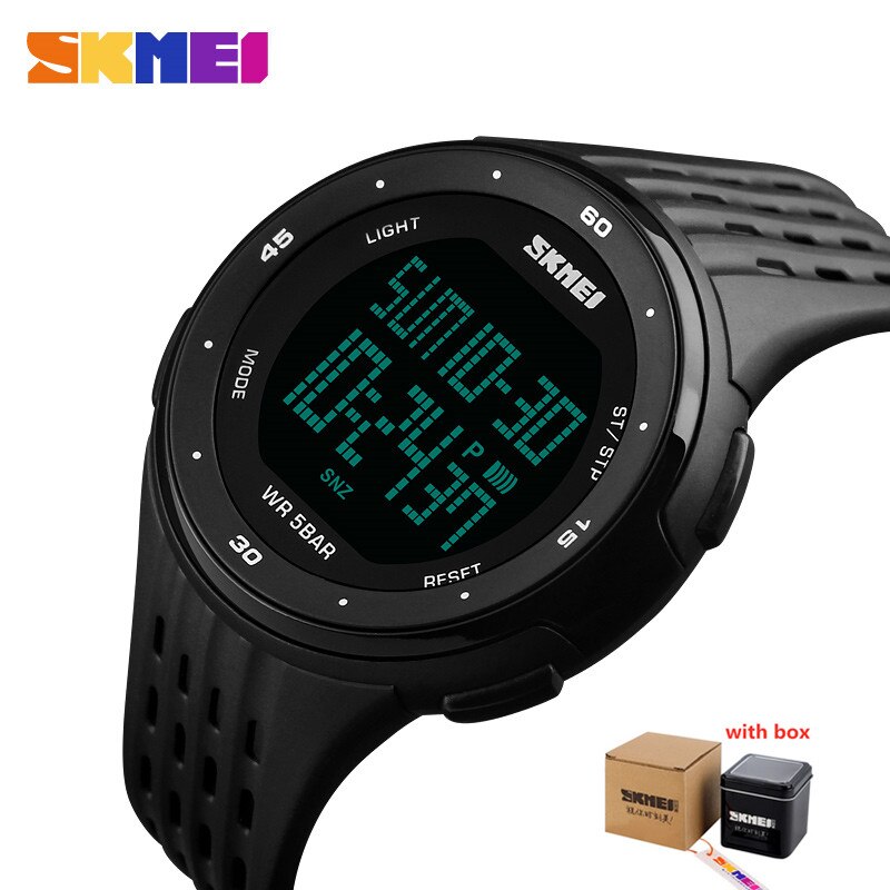 Skmei menn sport digitale klokker stor urskive ledet vise armbåndsur kronograf kalender bakgrunnsbelysning alarm relogio masculino 1219: Svart med eske