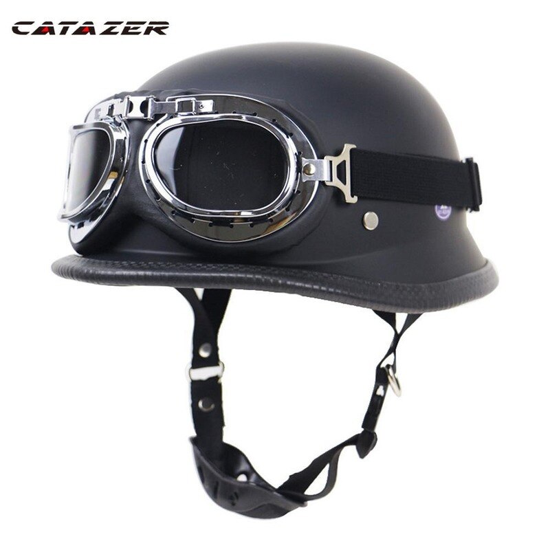 Leren motorhelm duitse open motorhelm chopper biker piloot 5 maten zwart
