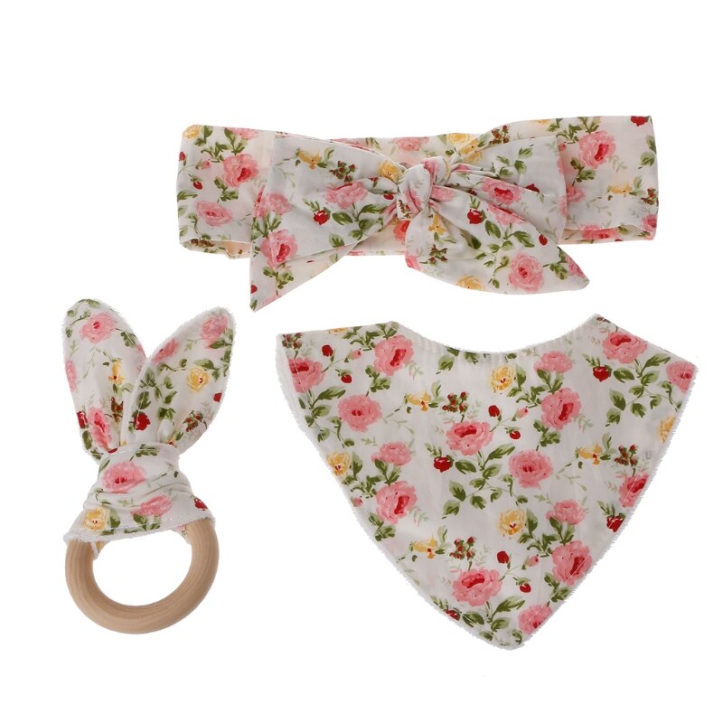 3 pièces bébé oreilles de lapin dentition coton bavoirs bandeau infantile salive serviette soin ensemble directe: C