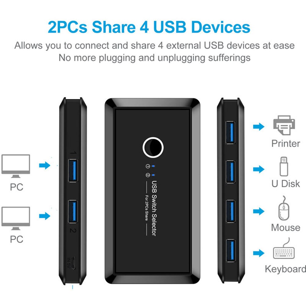 Conmutador USB KVM interruptor USB 3,0 2,0, conmutador de 2 puertos, para compartir 4 dispositivos, para teclado, ratón, impresora, Monitor, USB 2,0 3,0, Selector de interruptores