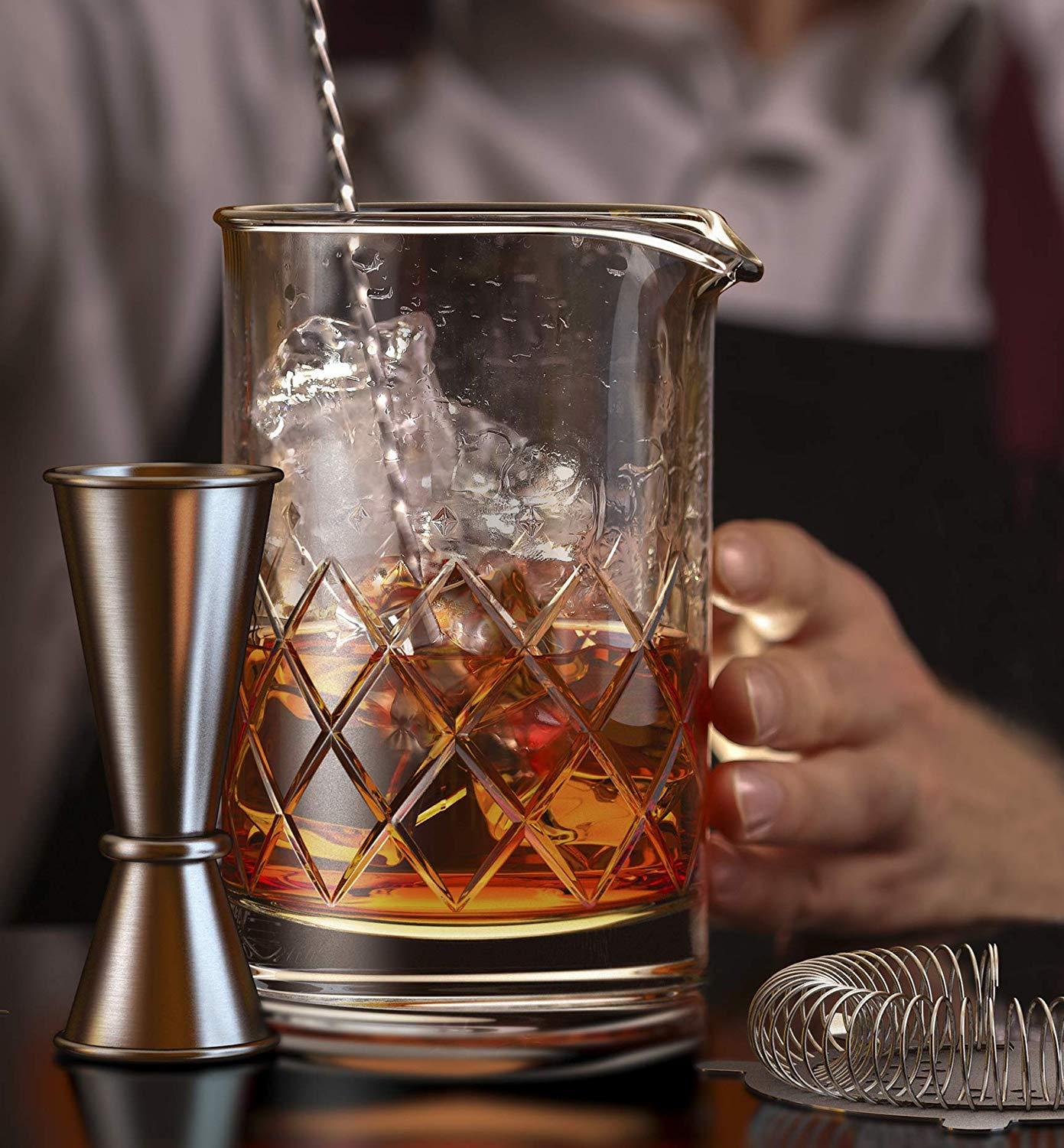 Cocktail Mixing Glass Set - Includes Mixing Spoon, Strainer, Jigger and 18oz 550ml Cocktail Glass - Sturdy, Thick Base