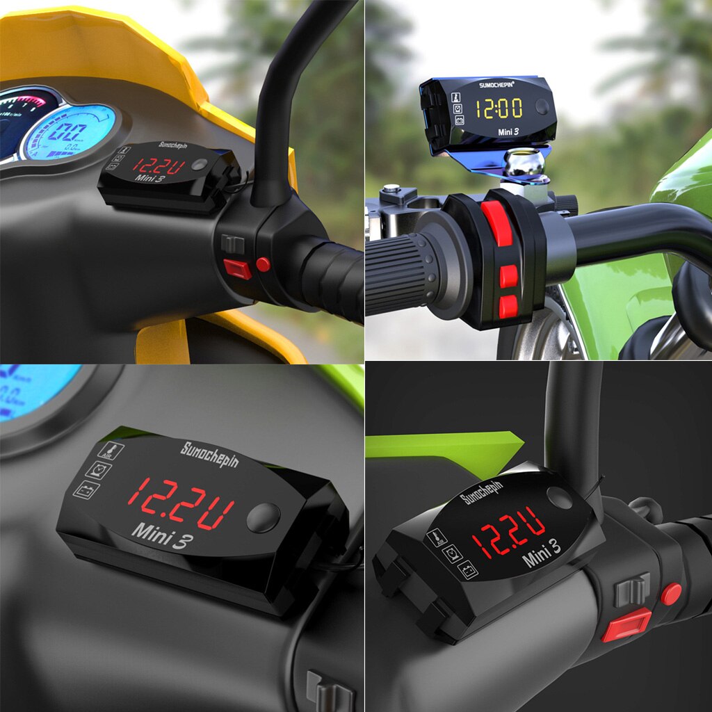 Motorcycle Watch LED Voltage Voltmeter Thermometer IP67 6V-30V Tester