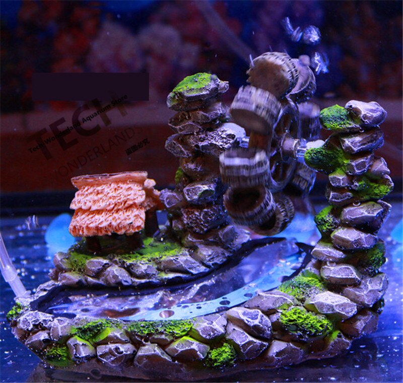 Adorno de resina ambiental para acuario, rueda de agua con rotación, molino de viento de montaña Artificial, decoración de pecera, 150x140mm