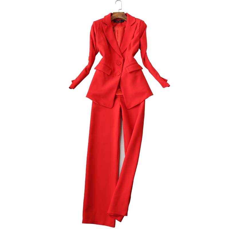 Autumn Business Uniform Women Red Pant Suits Two Piece Set Slim Double Buckle Jacket Office Work Pants Set Mujer: L