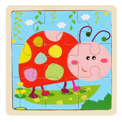 Mini Size 11*11cm Wooden 3D Cartoon Puzzle Jigsaw for Children Kids Cartoon Animal/traffic Puzzles Educational Toy Girl Boy: beetle