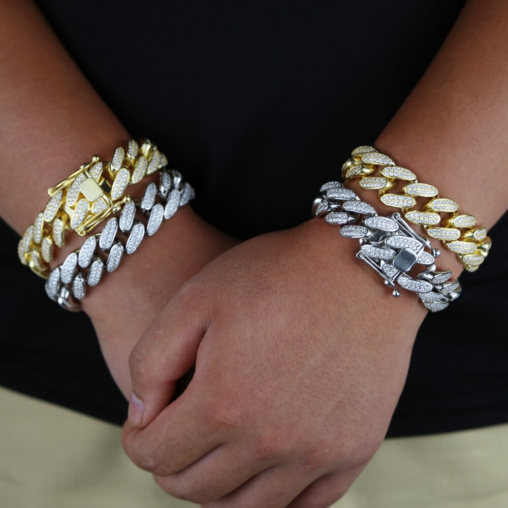 Zilver Kleur 18Mm Classic Cubaanse Link Chain Iced Out Bling 2 Ruwe Cz Cubaanse Link Chain Armband Voor Vrouwen heren Hiphop Sieraden