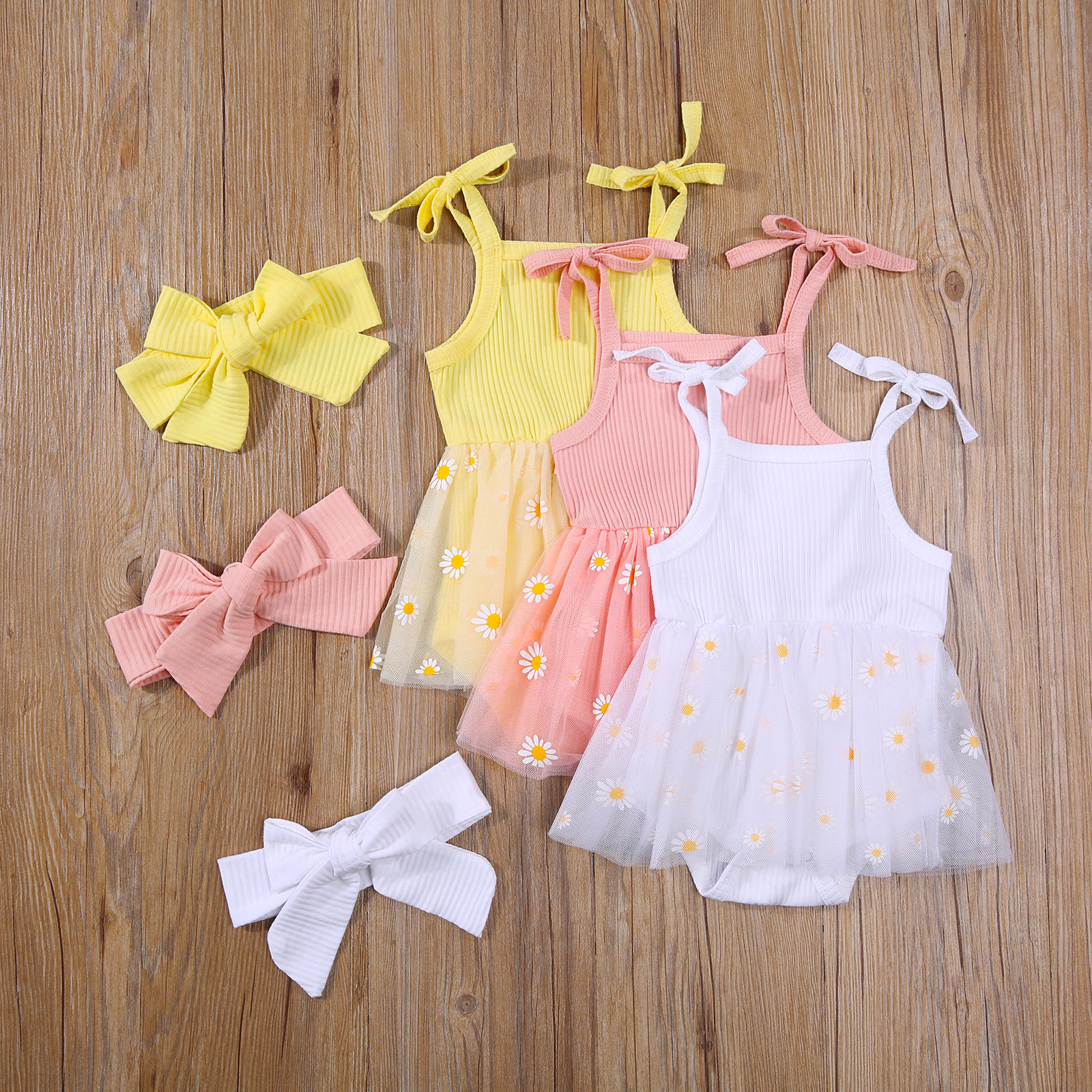 2Pcs Baby Girls Summer Outfits Cute Self Tie Strap Sleeveless Daisy Print Tutu Romper with Headband Set