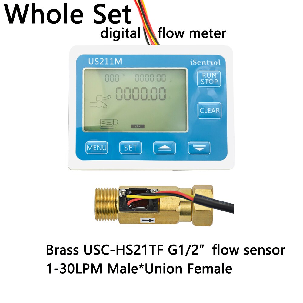 US211M USC-HS21TF Water Flow Meter Digital Hall Water Flow Sensor Reader with Brass Union 1-30L/min hall water flowmeter turbine