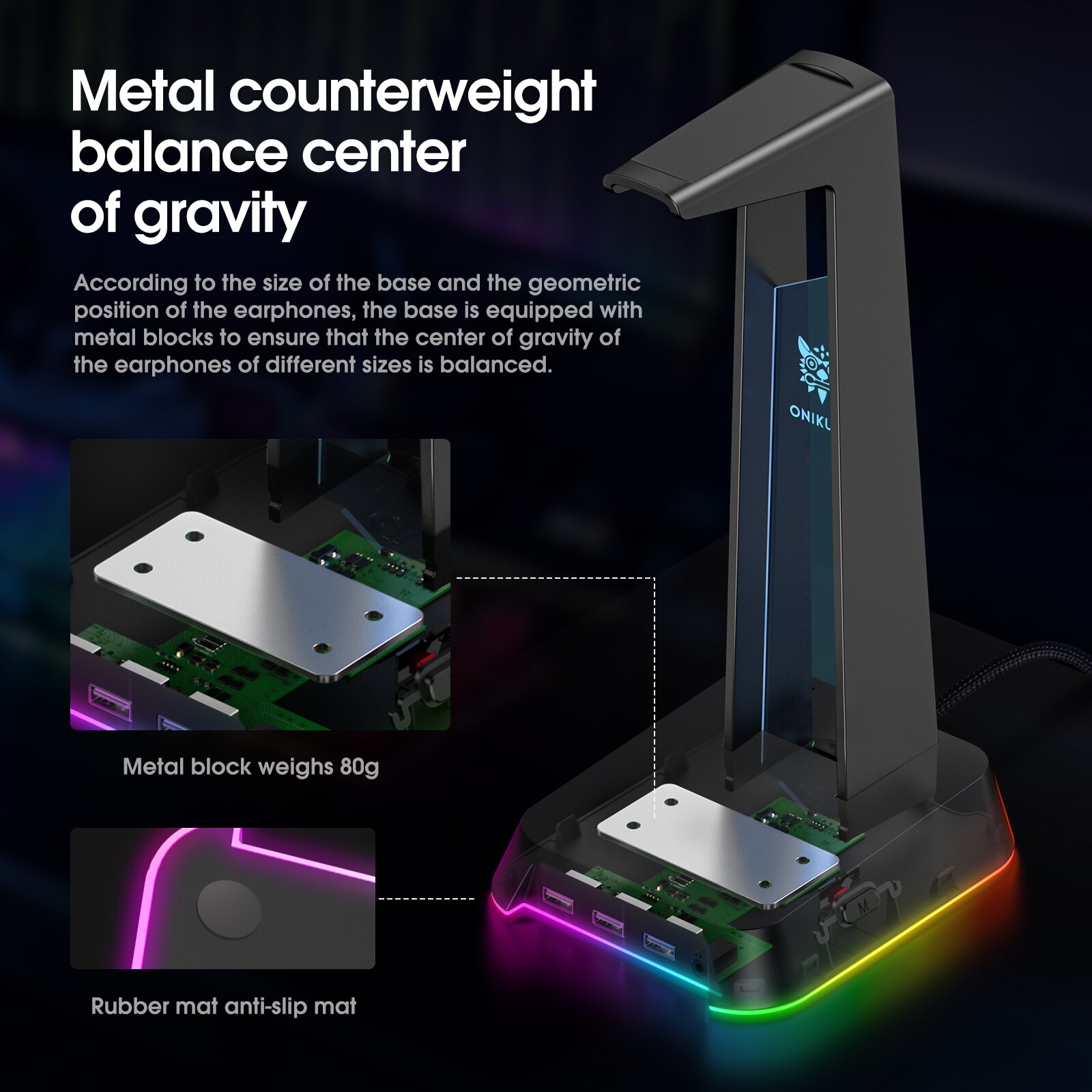 ONIKUMA RGB Gaming Headphone Stand Computer Headset Desktop Display Holder Luminous Logo with 3 USB and 3.5mm AUX Ports