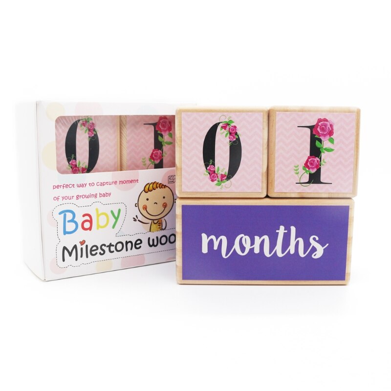 Wooden Baby Age Milestone Blocks Keepsake Baby Photo Prop Baby Educational Toy F3ME