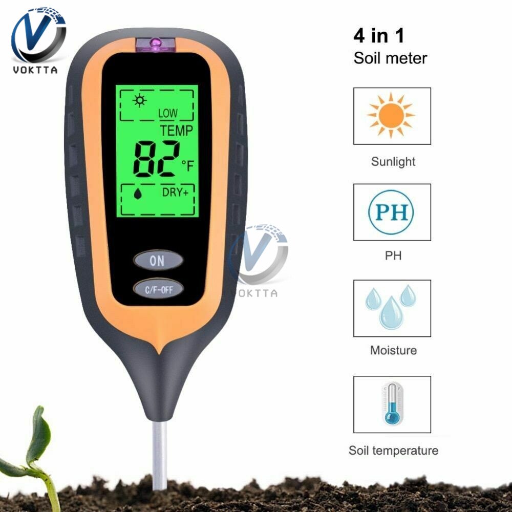 Comprobador de PH del suelo multifuncional, medición de la intensidad de la luz solar y la temperatura del Medidor de PH Digital, 3/4/5 en 1, para plantas de jardín: Upgraded 4 in 1