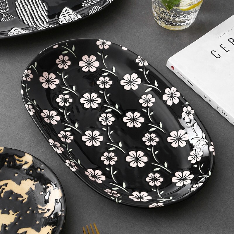 FANCITY Large fish plate, 12-inch oval plate, ceramic household bakeware, steamed fish plate, serving plate