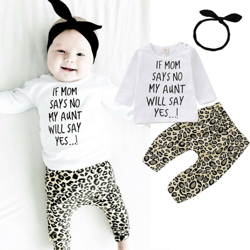 Newborn Baby Girls Set Clothes Print Letter Long Sleeve T Shirt Top+Leopard Pants Leggings Headband Outfit