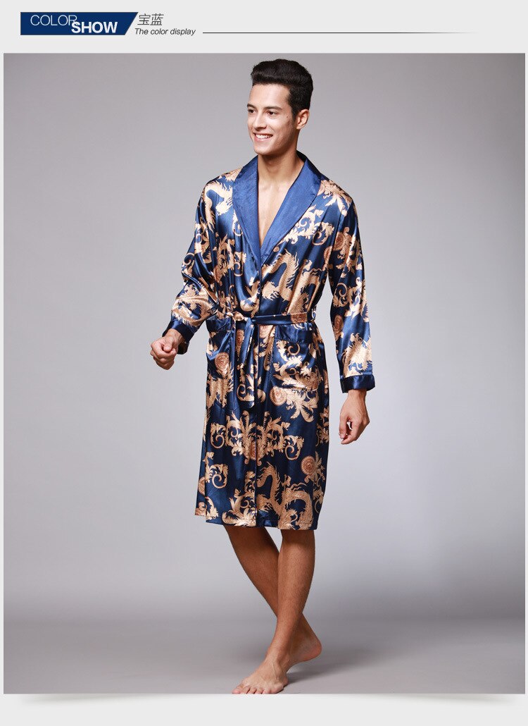 Wijn Badjas Kamerjas Nachtkleding Mannen Zijde Zomer en Herfst Luxe Kimono Satijnen Badjas Print Knielengte Lange Mouwen