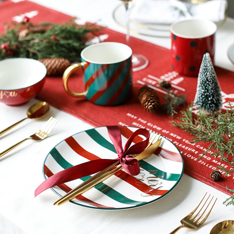 Tasse à café cuillère fourchette couteau | Vaisselle en céramique nordique, bol de vaisselle plaqué or ensembles de plats et d'assiettes, décorations de noël pour la maison