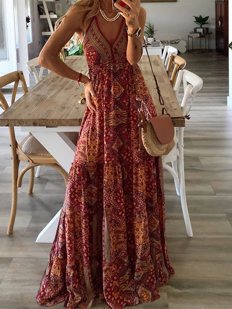 Vintage print v-hals maxi lange strandjurk dames tuniek strandbedekking strandkleding pareo's de playa mujer lange jurk strand: Ik