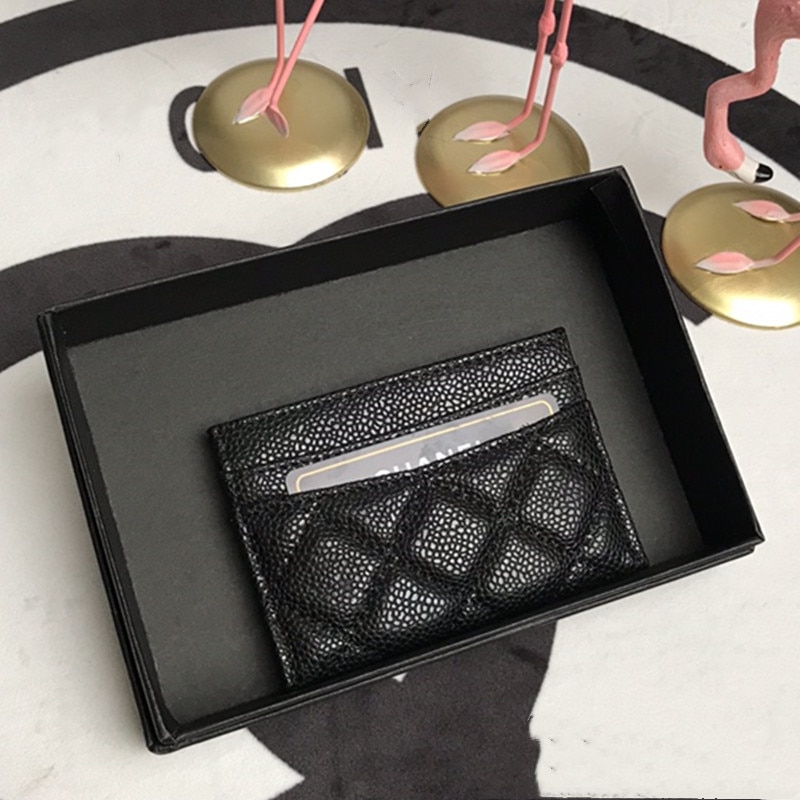 Cartera pequeña de cuero acolchado a la para mujer, cartera corta para mujer, monedero, tarjetero negro de Caviar