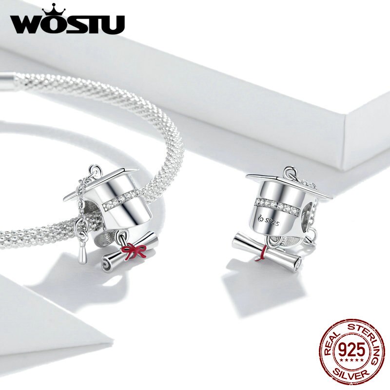 Srebro wysokiej próza pomocą 925 WOSTU CZ kwadrat Szkoła Wyższa czapka metalowe wiszące na oryginalną srebrną bransoletkę śliczne DIY prezent z wdziękiem FNC357