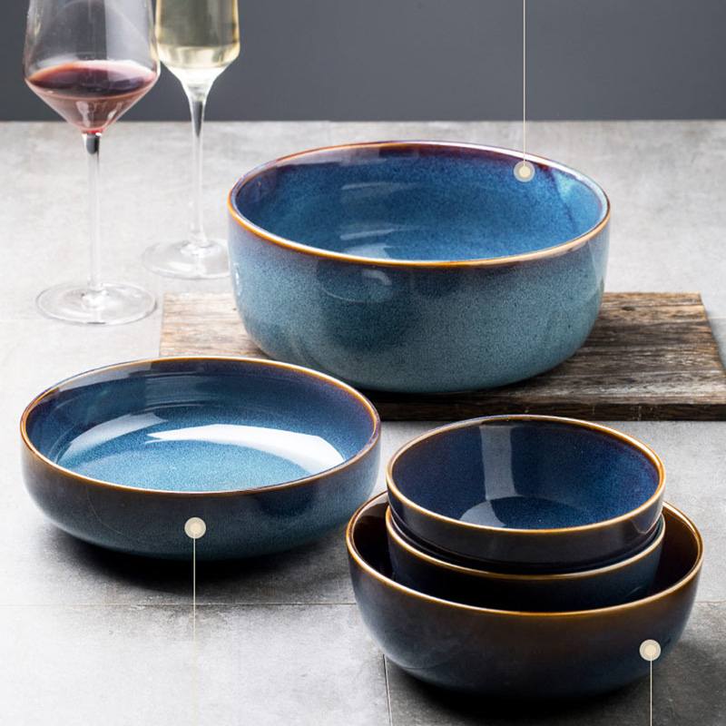 Retro ceramic tableware household dishes, dishes, steak dishes, rice bowls, soup bowls, noodle bowls, Nordic solid color Western