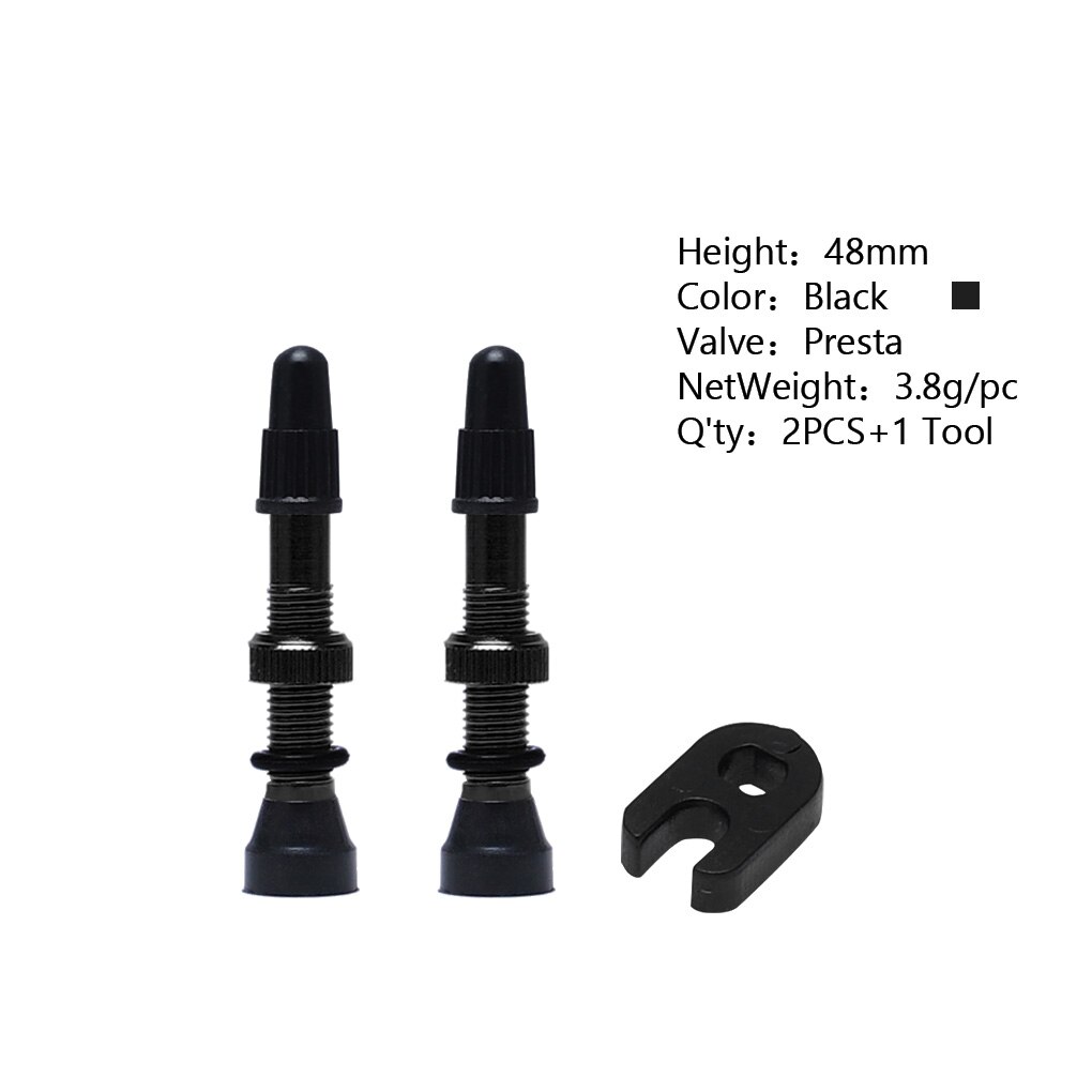 2 Pcs/set Bike Tire Air Valve Bike Tubeless Wheel Valve Kit Copper Core Alloy Stem Rubber Base: Black 48mm