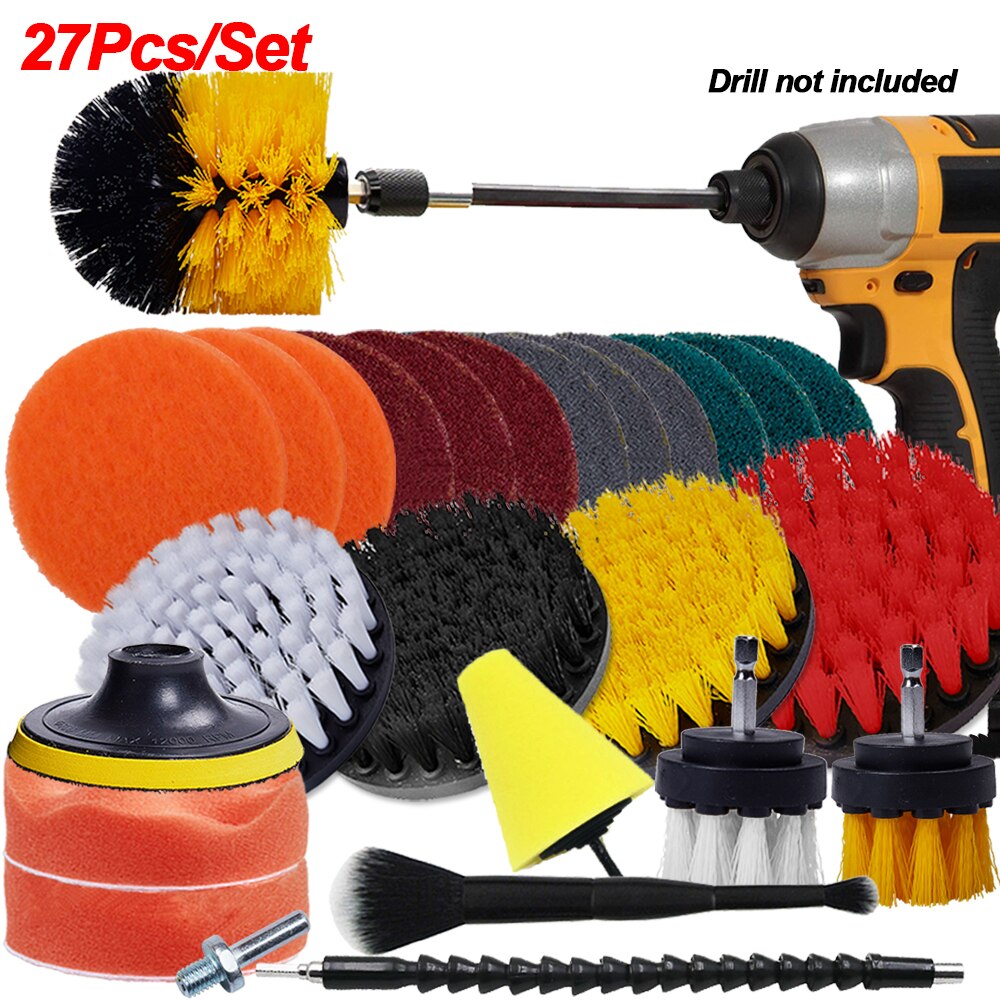 Cepillos de taladro para limpieza de llanta de rueda de coche, esponja de pulido, herramientas de lavado de coche para baño, bañera y cocina: 27Pcs