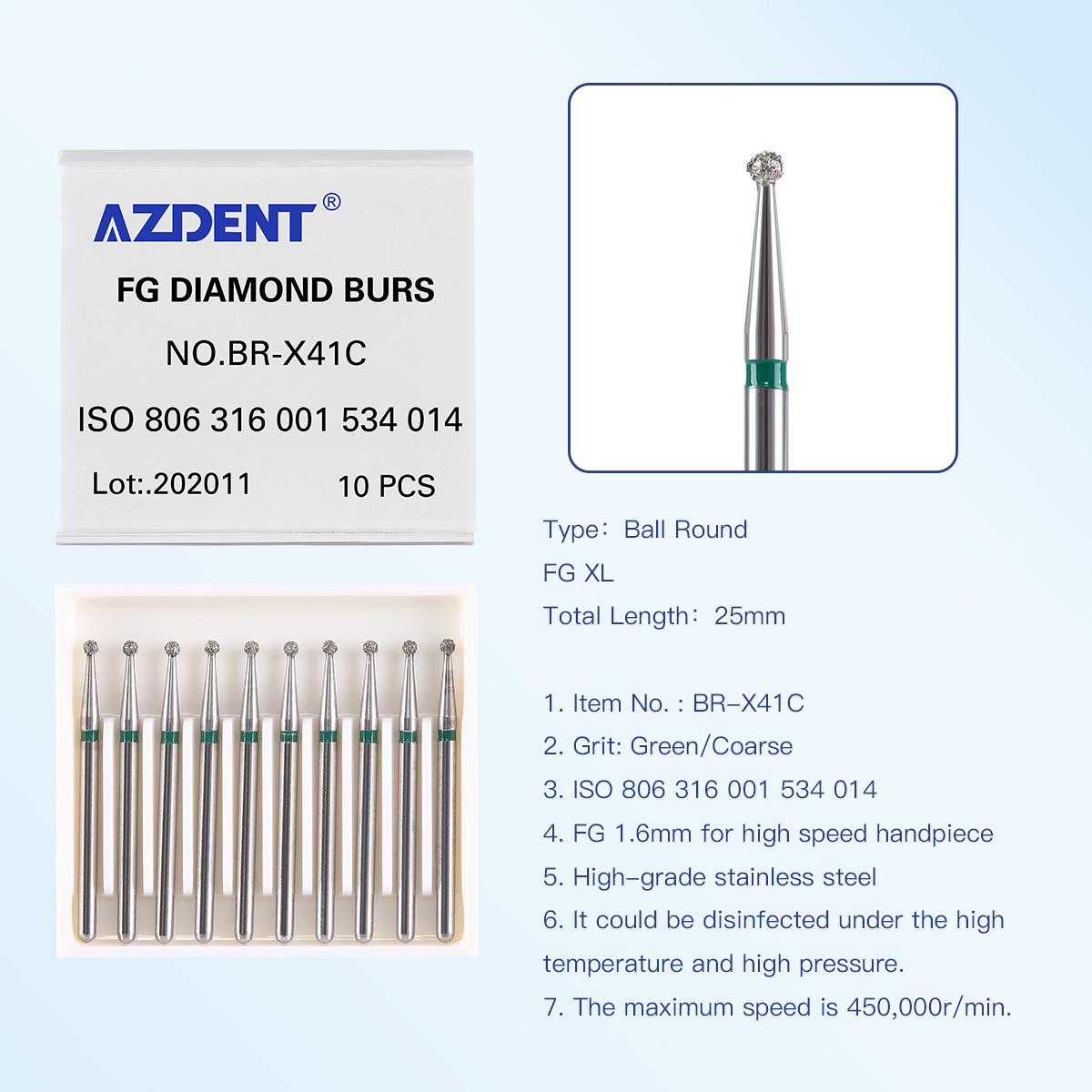 AZDENT Dental Diamond Bur FG Burs 1.6mm For High Speed Handpiece Length 25mm XL Type Ball Round Shape10pcs/Box: Yellow