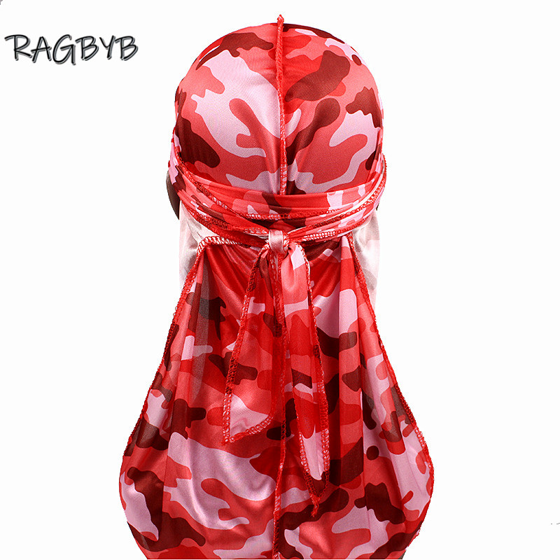 Nuevas pañuelos Durag de seda con estampado de camuflaje para hombres, Durags sedosos, gorro ondulado de cola larga, pañuelo para la cabeza, sombrero para mujer, diadema Durag: Rojo