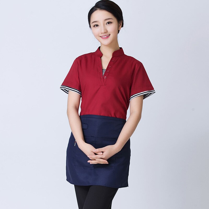 Western Restaurant Work Uniform Coffee House Waiter Short Sleeve Workwear Beer Bar Waitress Clothing Cheap Uniform And Apron Set