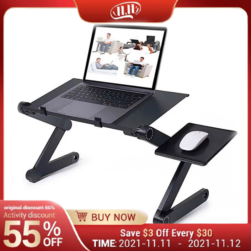 Mesa ergonômica ajustável para laptop de alumínio, suporte para mesa para PC, apoio para notebook com mouse pad, painel e cavalete para cama, TV portátil, escrivaninha dobrável